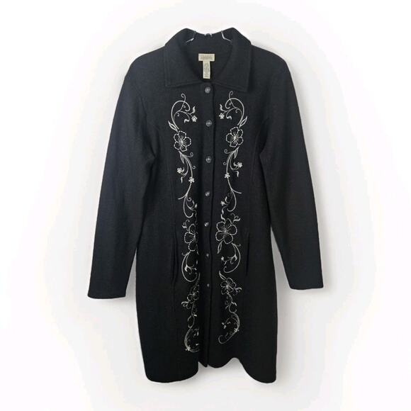 Classic Elements Long Duster Cardigan Black Sweater White Floral Embroidery Lrg - Picture 1 of 8